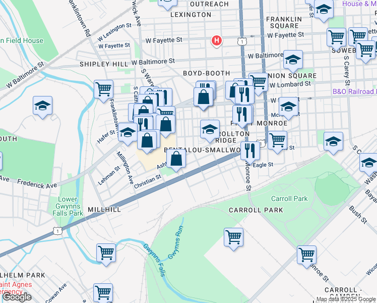 map of restaurants, bars, coffee shops, grocery stores, and more near 2200 Ashton Street in Baltimore