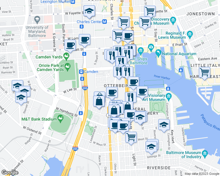 map of restaurants, bars, coffee shops, grocery stores, and more near 15 West Lee Street in Baltimore