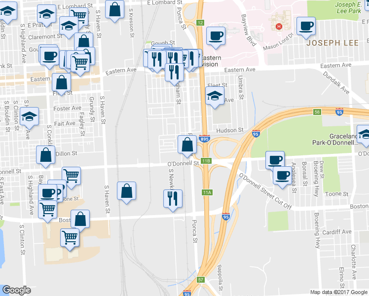 map of restaurants, bars, coffee shops, grocery stores, and more near 939 Oldham Street in Baltimore