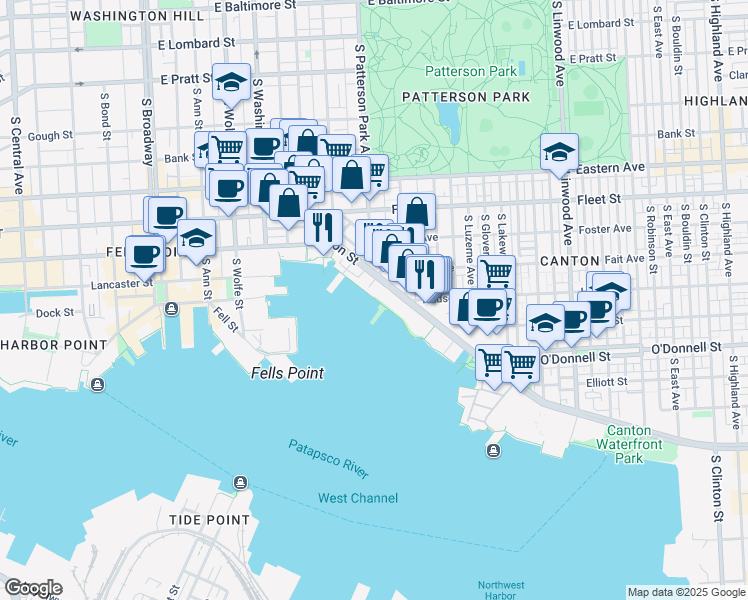 map of restaurants, bars, coffee shops, grocery stores, and more near 2451 Boston Street in Baltimore