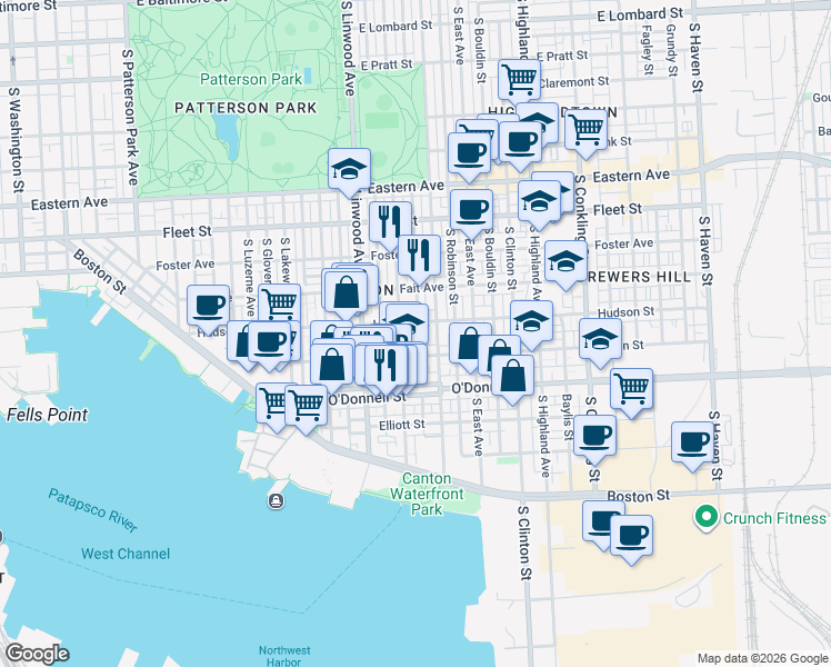 map of restaurants, bars, coffee shops, grocery stores, and more near 902 South Decker Avenue in Baltimore