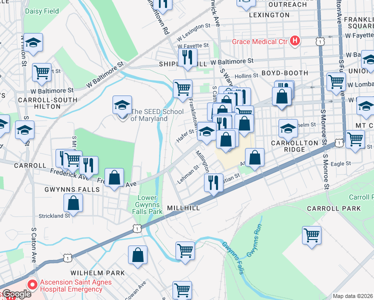 map of restaurants, bars, coffee shops, grocery stores, and more near 2650 Frederick Avenue in Baltimore