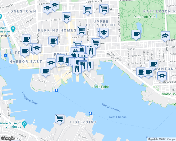 map of restaurants, bars, coffee shops, grocery stores, and more near 1830 Thames Street in Baltimore