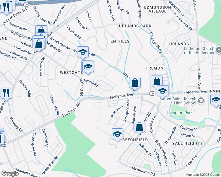 map of restaurants, bars, coffee shops, grocery stores, and more near 5102 Hillwell Road in Baltimore