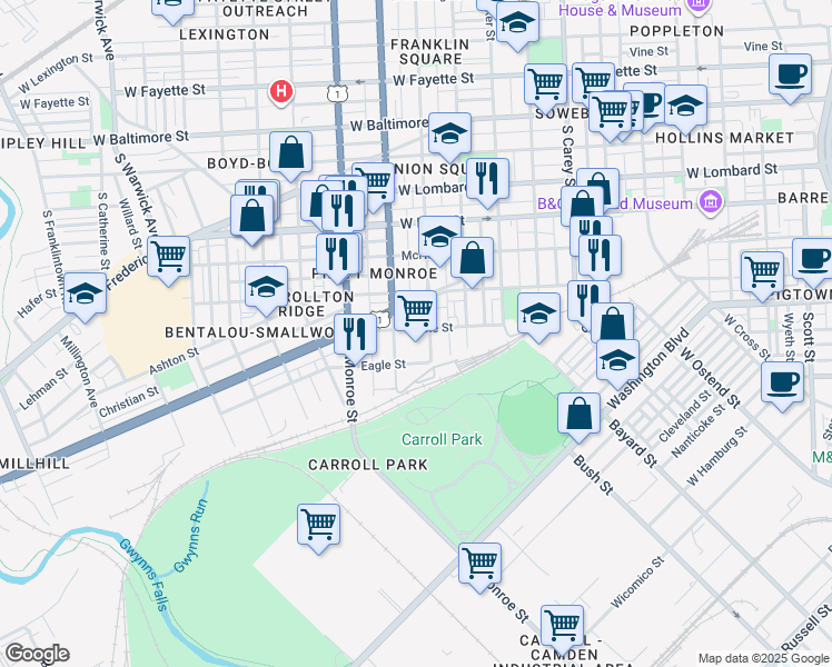 map of restaurants, bars, coffee shops, grocery stores, and more near 1719 Cole Street in Baltimore