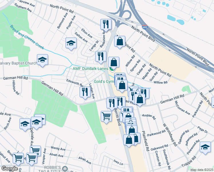 map of restaurants, bars, coffee shops, grocery stores, and more near 851 Mildred Avenue in Dundalk