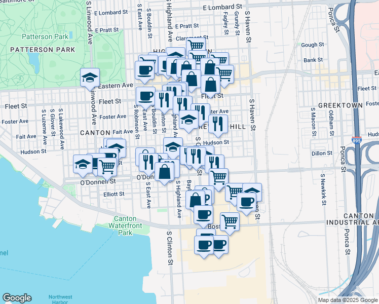 map of restaurants, bars, coffee shops, grocery stores, and more near 925 Baylis Street in Baltimore