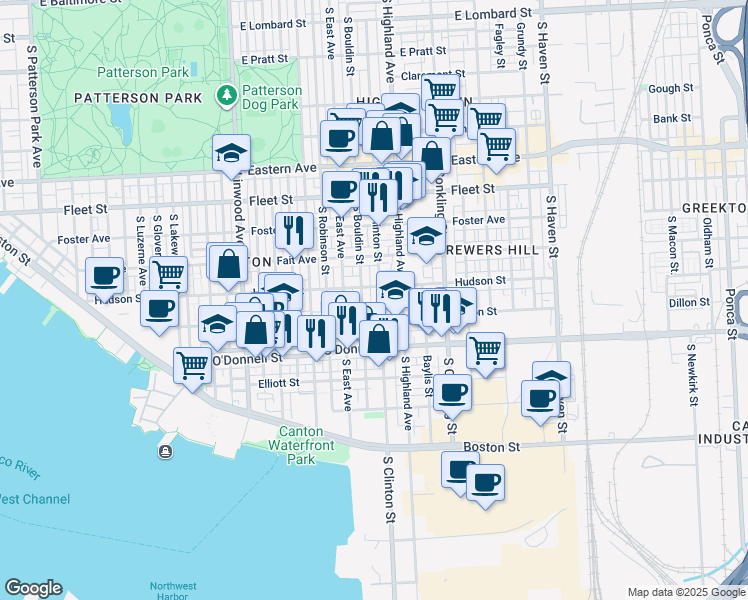 map of restaurants, bars, coffee shops, grocery stores, and more near 918 South Clinton Street in Baltimore