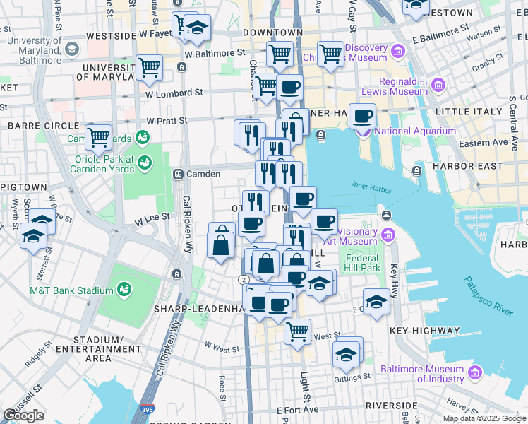 map of restaurants, bars, coffee shops, grocery stores, and more near 1 West Lee Street in Baltimore