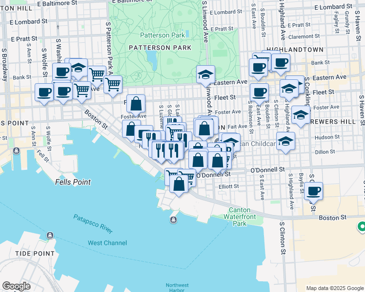 map of restaurants, bars, coffee shops, grocery stores, and more near 900 Binney Street in Baltimore