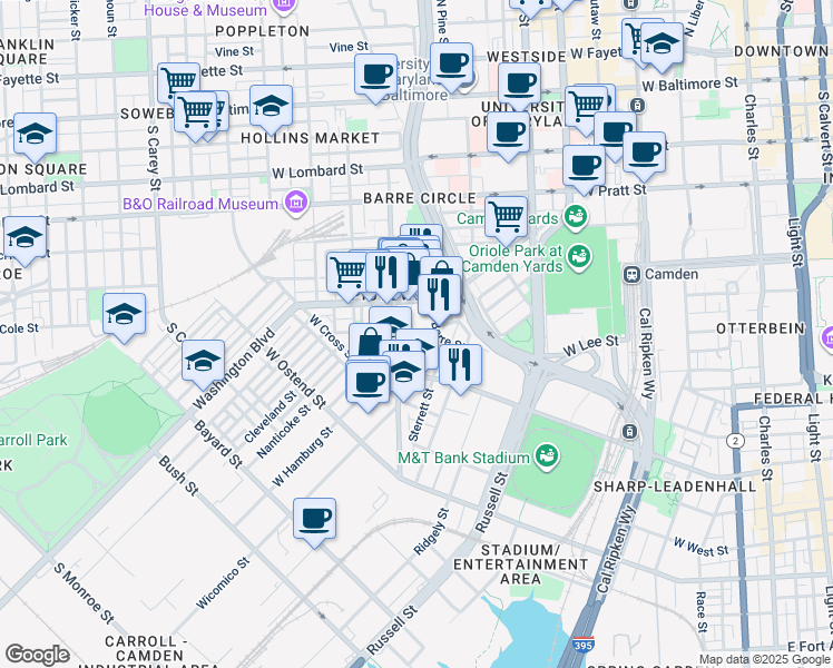 map of restaurants, bars, coffee shops, grocery stores, and more near 765 Carroll Street in Baltimore