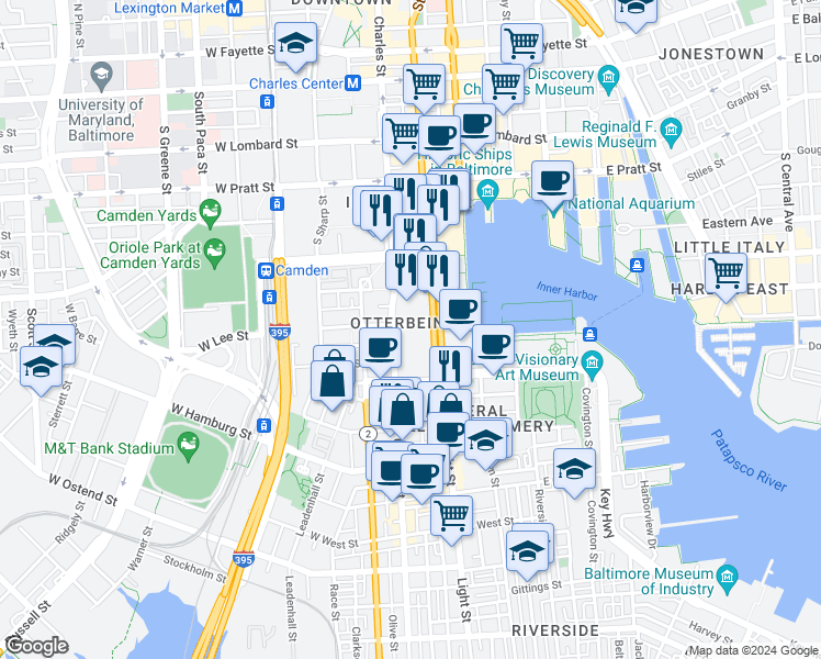 map of restaurants, bars, coffee shops, grocery stores, and more near 7 East Lee Street in Baltimore