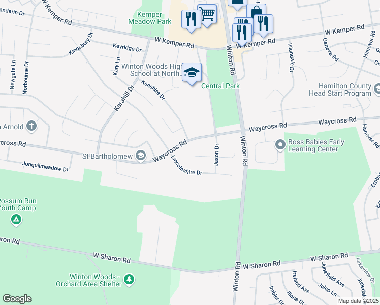 map of restaurants, bars, coffee shops, grocery stores, and more near 1288 Jeremy Court in Cincinnati