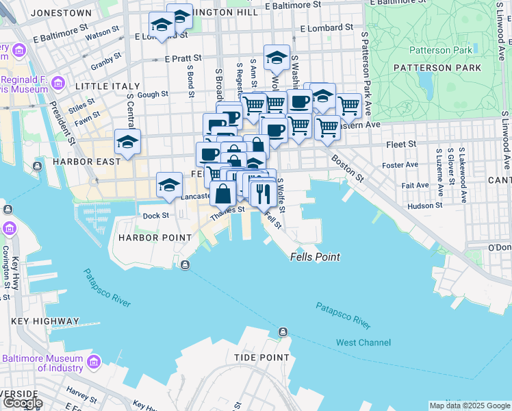 map of restaurants, bars, coffee shops, grocery stores, and more near 1734 Thames Street in Baltimore