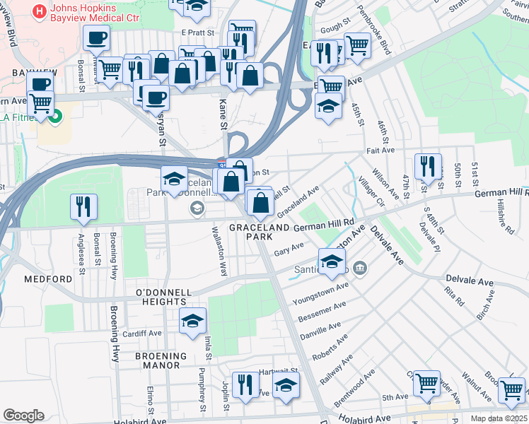 map of restaurants, bars, coffee shops, grocery stores, and more near 6603 O Donnell Street in Baltimore