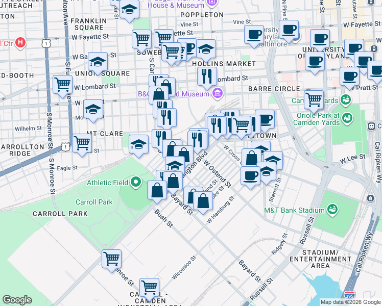 map of restaurants, bars, coffee shops, grocery stores, and more near 1208 Sargeant Street in Baltimore