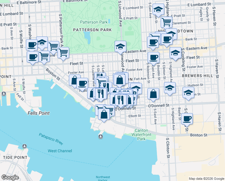 map of restaurants, bars, coffee shops, grocery stores, and more near 900 South Kenwood Avenue in Baltimore