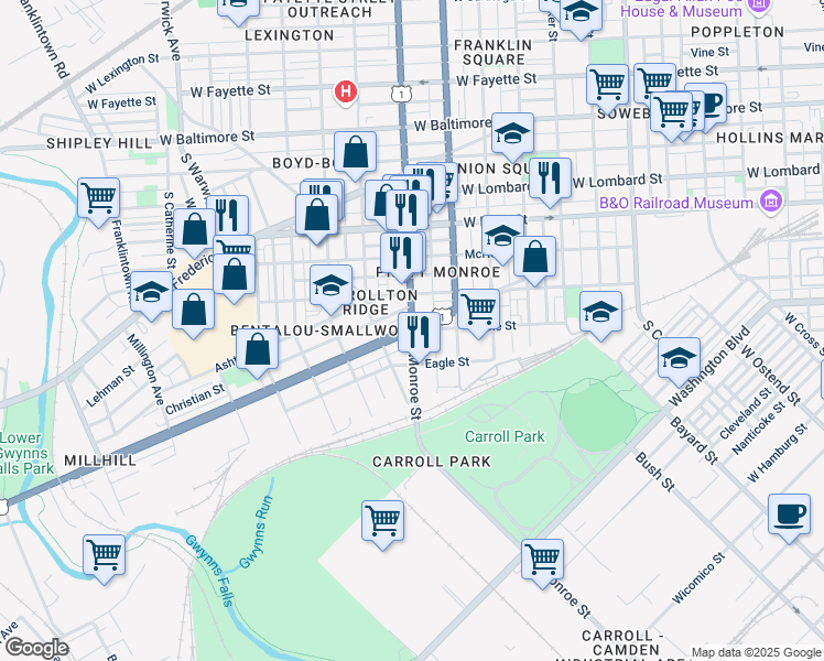 map of restaurants, bars, coffee shops, grocery stores, and more near Wilkens Ave & S Monroe St in Baltimore