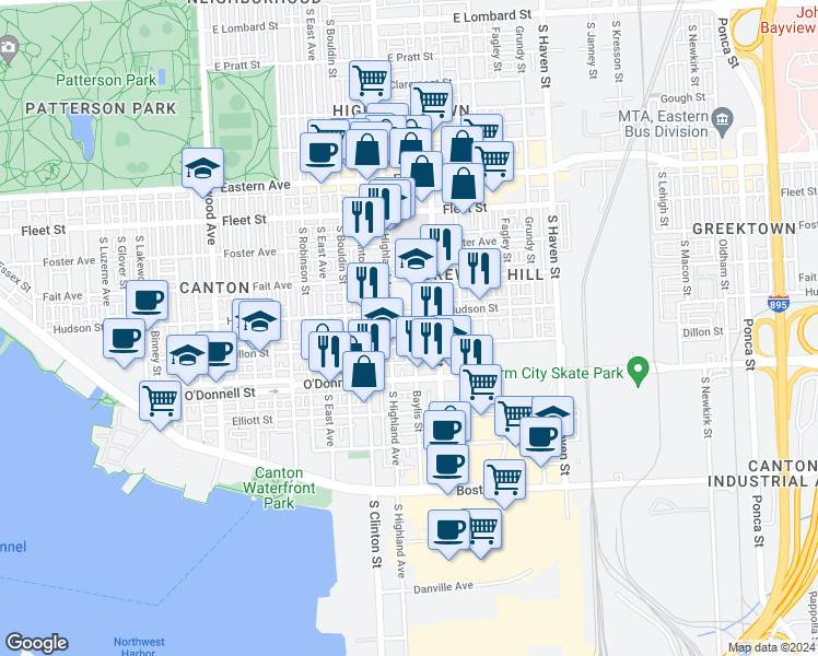 map of restaurants, bars, coffee shops, grocery stores, and more near 908 Baylis Street in Baltimore