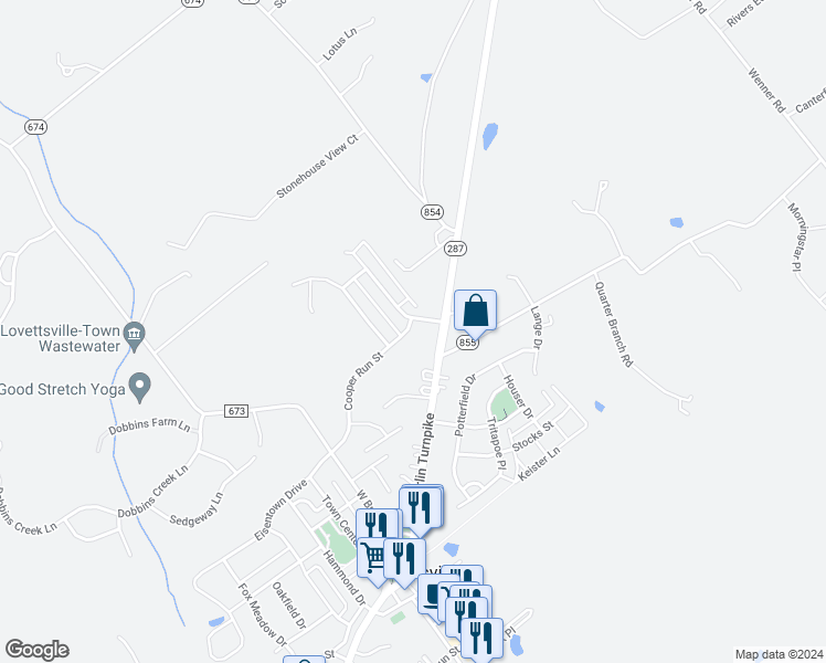 map of restaurants, bars, coffee shops, grocery stores, and more near 3 Cooper Run Street in Lovettsville