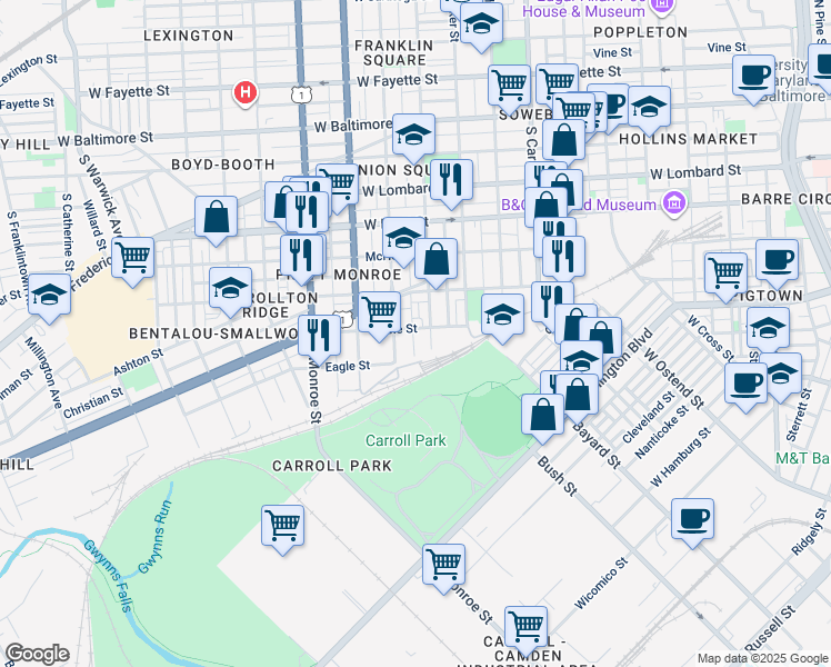 map of restaurants, bars, coffee shops, grocery stores, and more near 1615 Cole Street in Baltimore