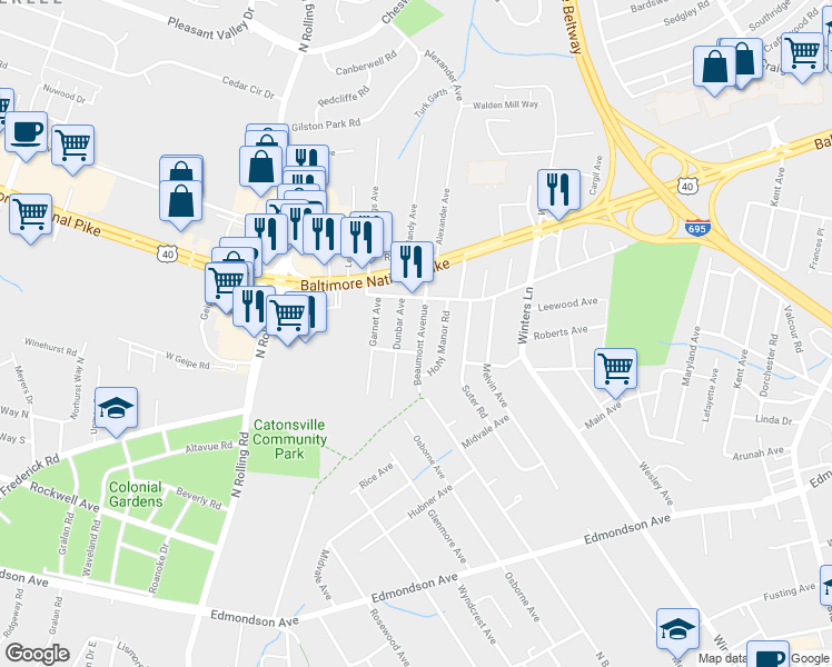 map of restaurants, bars, coffee shops, grocery stores, and more near 353 North Beaumont Avenue in Catonsville