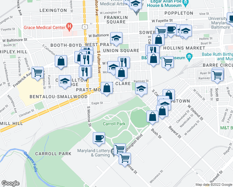 map of restaurants, bars, coffee shops, grocery stores, and more near 1615 Cole Street in Baltimore