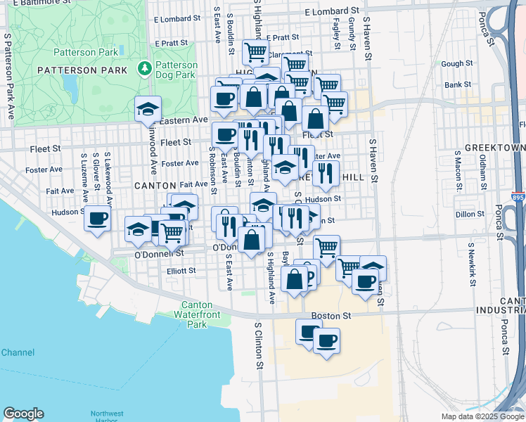 map of restaurants, bars, coffee shops, grocery stores, and more near 3316 Harmony Court in Baltimore