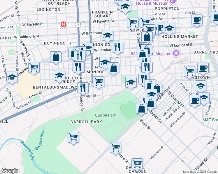 map of restaurants, bars, coffee shops, grocery stores, and more near 1609 Cole Street in Baltimore