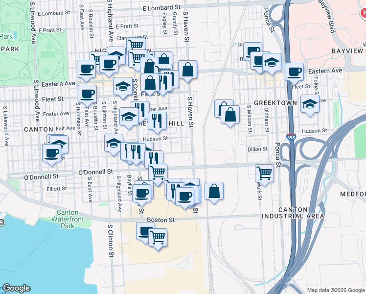 map of restaurants, bars, coffee shops, grocery stores, and more near 917 Grundy Street in Baltimore