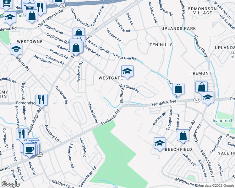 map of restaurants, bars, coffee shops, grocery stores, and more near 5369 Lantern Court in Baltimore