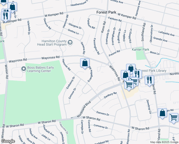 map of restaurants, bars, coffee shops, grocery stores, and more near 730 Evangeline Road in Cincinnati