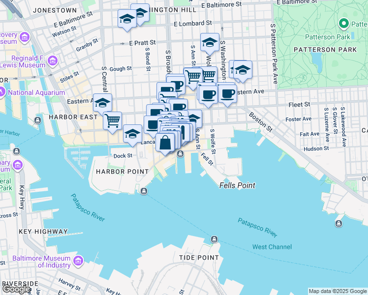 map of restaurants, bars, coffee shops, grocery stores, and more near 1704 Thames Street in Baltimore