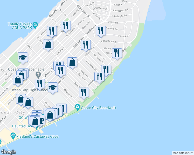 map of restaurants, bars, coffee shops, grocery stores, and more near 901 2nd Street in Ocean City