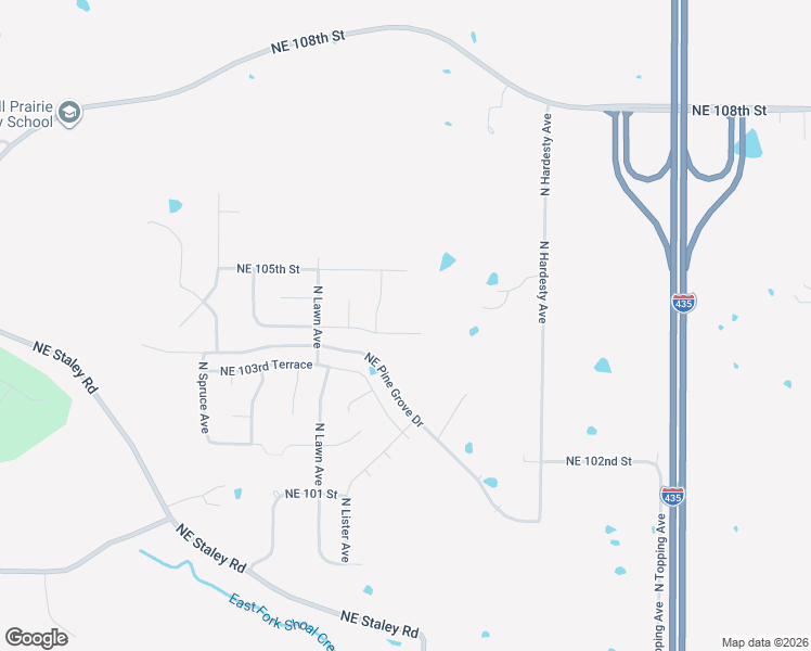 map of restaurants, bars, coffee shops, grocery stores, and more near 4918 Northeast 104th Street in Kansas City