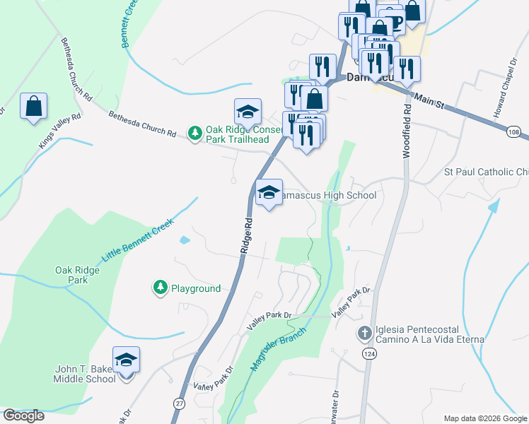 map of restaurants, bars, coffee shops, grocery stores, and more near 25921 Maryland 27 in Damascus