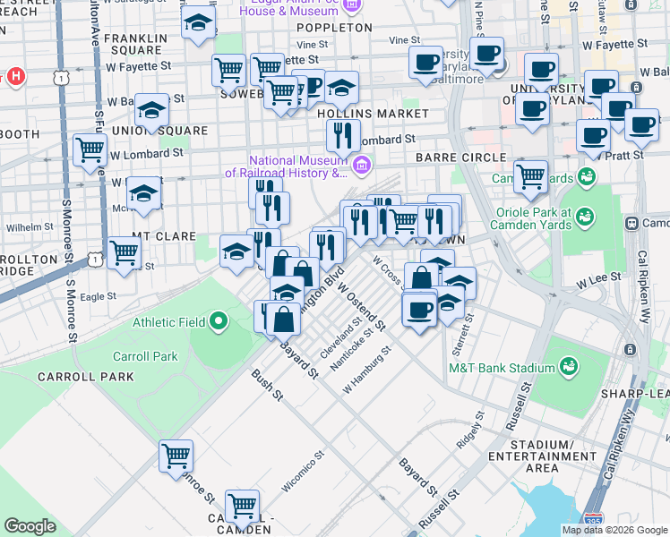 map of restaurants, bars, coffee shops, grocery stores, and more near 1172 Washington Boulevard in Baltimore