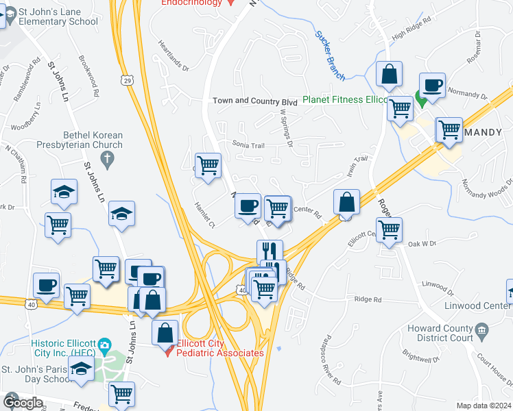 map of restaurants, bars, coffee shops, grocery stores, and more near 3307 Hobble Court in Ellicott City