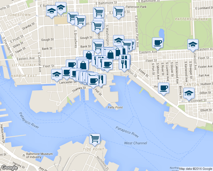 map of restaurants, bars, coffee shops, grocery stores, and more near 1534 Eastern Avenue in Baltimore