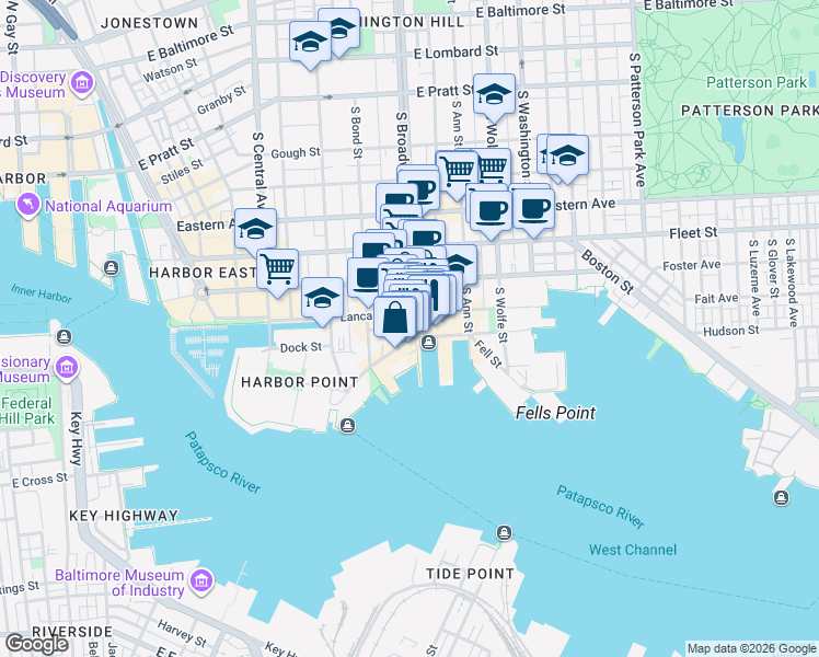map of restaurants, bars, coffee shops, grocery stores, and more near S Broadway & Shakespeare St in Baltimore