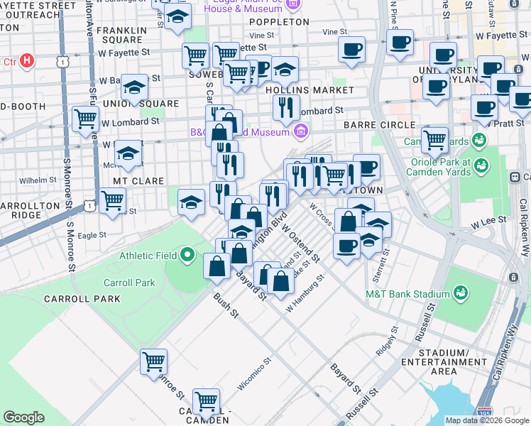 map of restaurants, bars, coffee shops, grocery stores, and more near 1202 Sargeant Street in Baltimore