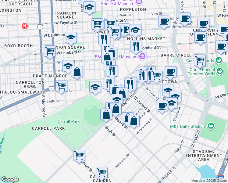 map of restaurants, bars, coffee shops, grocery stores, and more near 1247 Glyndon Avenue in Baltimore
