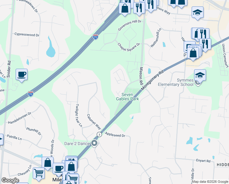 map of restaurants, bars, coffee shops, grocery stores, and more near 8726 Windfield Lane in Cincinnati