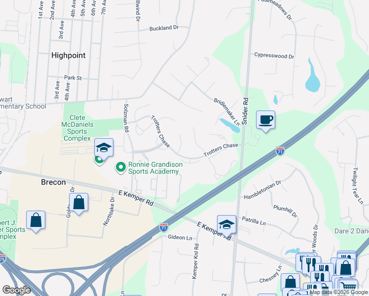 map of restaurants, bars, coffee shops, grocery stores, and more near 11732 Thayer Lane in Cincinnati