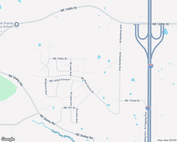 map of restaurants, bars, coffee shops, grocery stores, and more near 4918 Northeast 104th Street in Kansas City