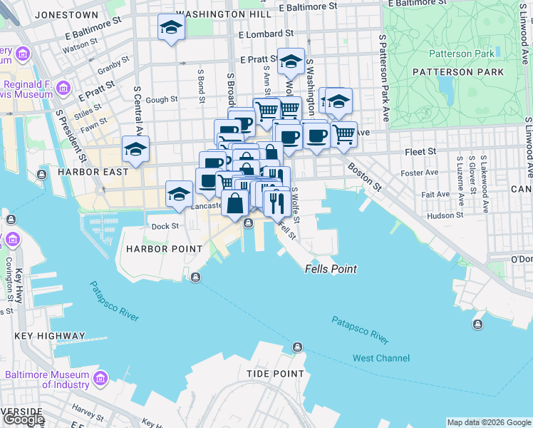 map of restaurants, bars, coffee shops, grocery stores, and more near 1730 Thames Street in Baltimore