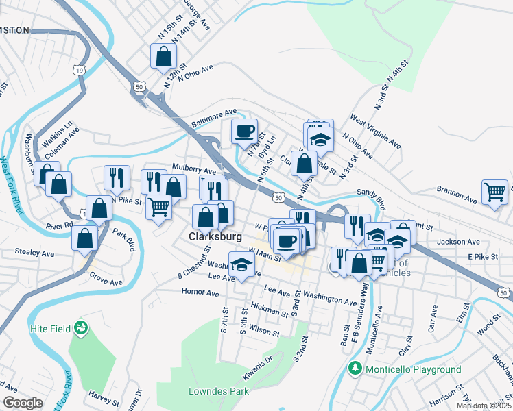 map of restaurants, bars, coffee shops, grocery stores, and more near 115-124 North 6th Street in Clarksburg