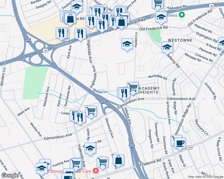 map of restaurants, bars, coffee shops, grocery stores, and more near 618 Stoney Lane in Catonsville