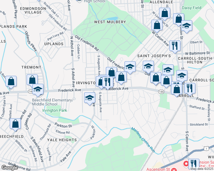 map of restaurants, bars, coffee shops, grocery stores, and more near 242 Collins Avenue in Baltimore