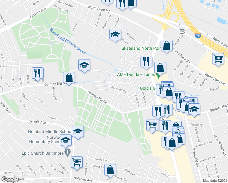 map of restaurants, bars, coffee shops, grocery stores, and more near 718 Aldworth Road in Dundalk